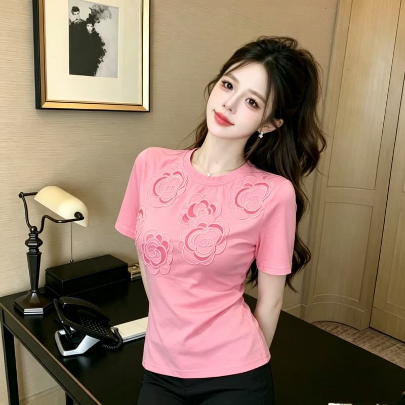 2026 미니멀리즘 라운드 넥 자수 맨위 여성 루즈핏 표지 고기 티셔츠 여름 다용도 상세 이미지 4
