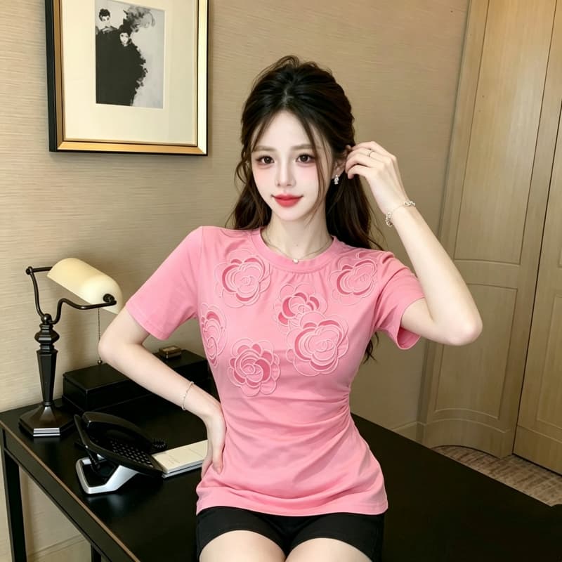 2026 미니멀리즘 라운드 넥 자수 맨위 여성 루즈핏 표지 고기 티셔츠 여름 다용도 상세 이미지 5