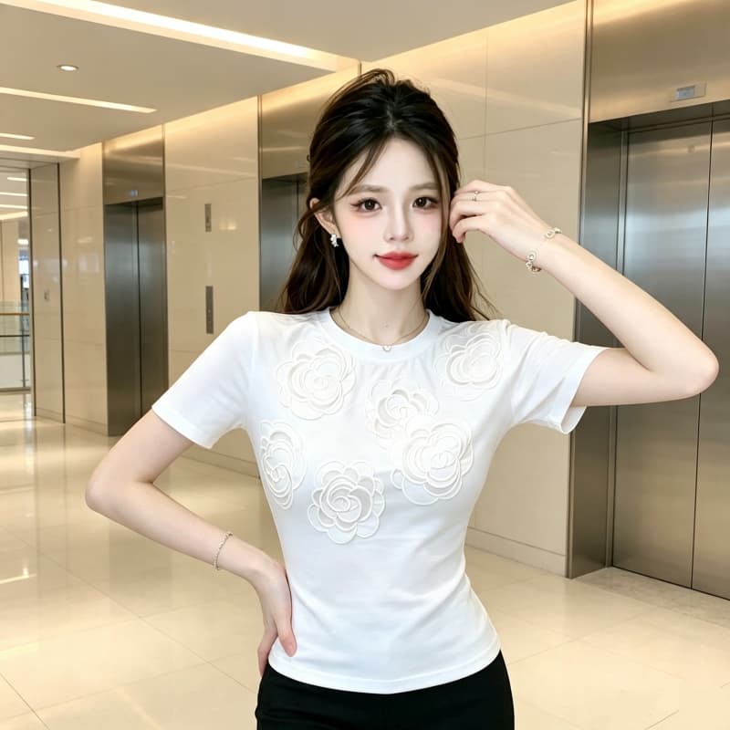 2026 미니멀리즘 라운드 넥 자수 맨위 여성 루즈핏 표지 고기 티셔츠 여름 다용도 상세 이미지 10