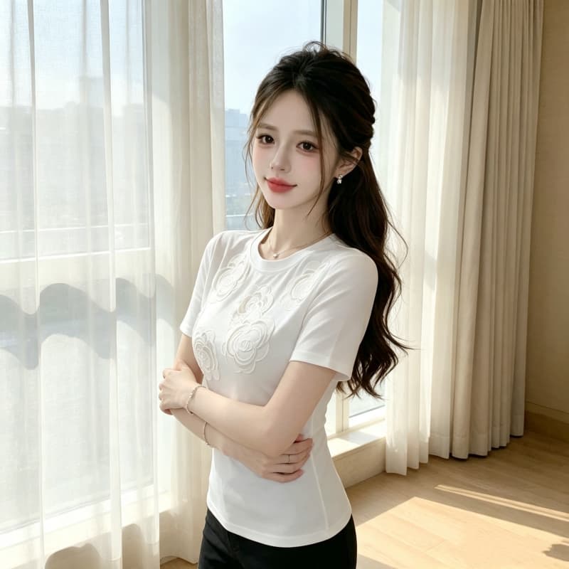 2026 미니멀리즘 라운드 넥 자수 맨위 여성 루즈핏 표지 고기 티셔츠 여름 다용도 상세 이미지 11
