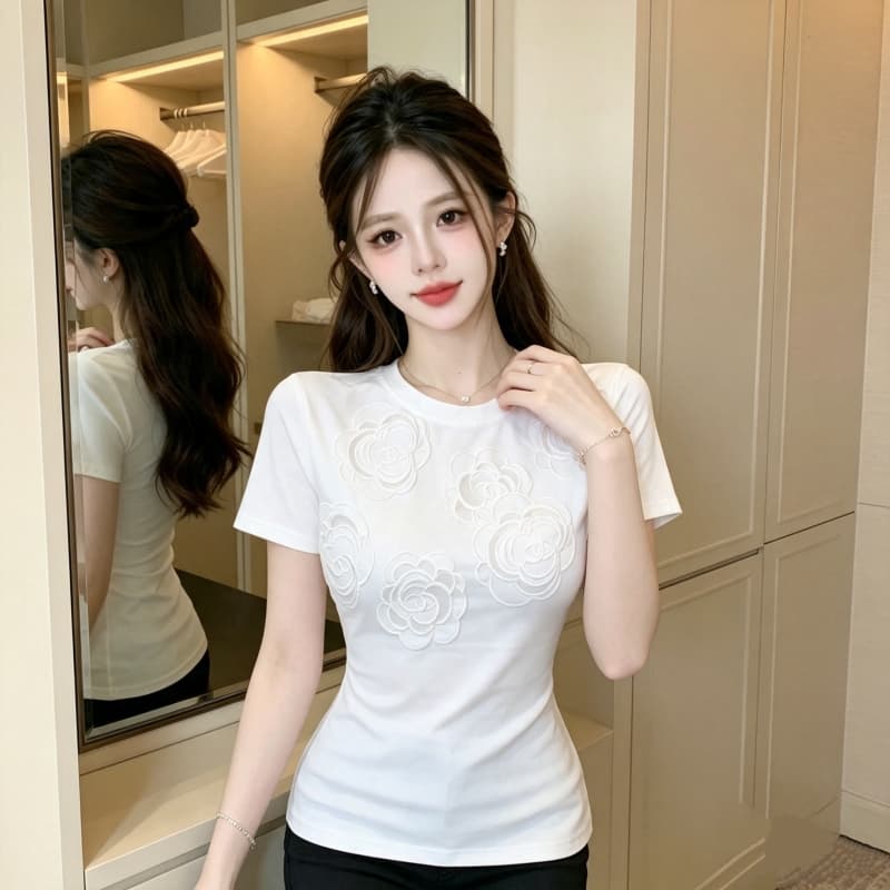 2026 미니멀리즘 라운드 넥 자수 맨위 여성 루즈핏 표지 고기 티셔츠 여름 다용도 상세 이미지 12