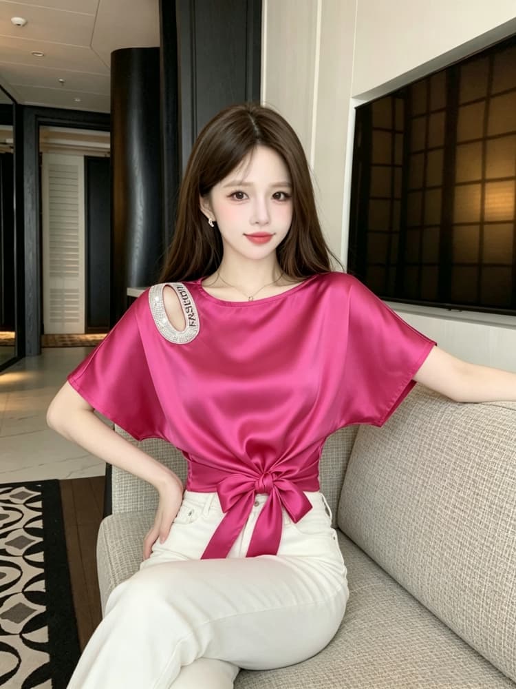 반팔 라운드 넥 허리 수축 슬림해 보이는 단색 다이아몬드 세팅 디자인 센스 다용도 여름 드레스 맨위 얇은 스타일 상세 이미지 3