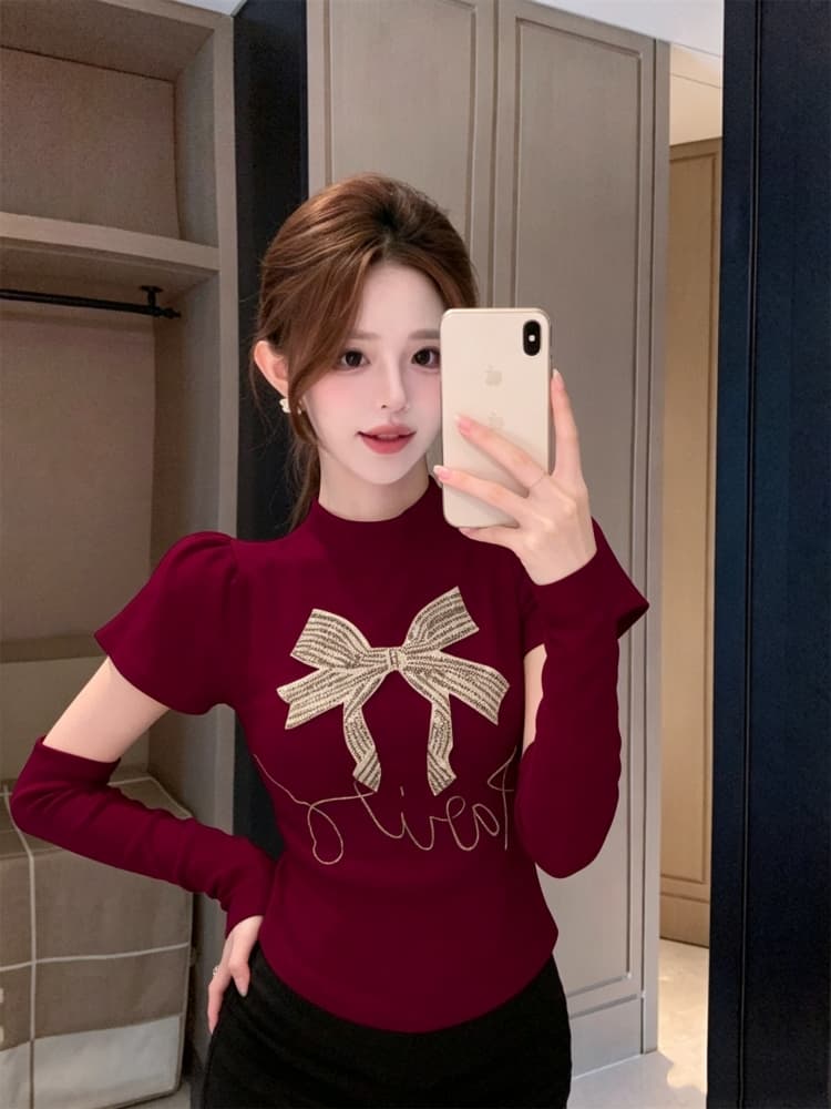 개성 소매 커버 다용도 라운드 넥 몸매 가꾸기 슬림해 보이는 니트 긴 소매 맨위 여성 짧은 밝은 훈련 장식 다용도 상세 이미지 8
