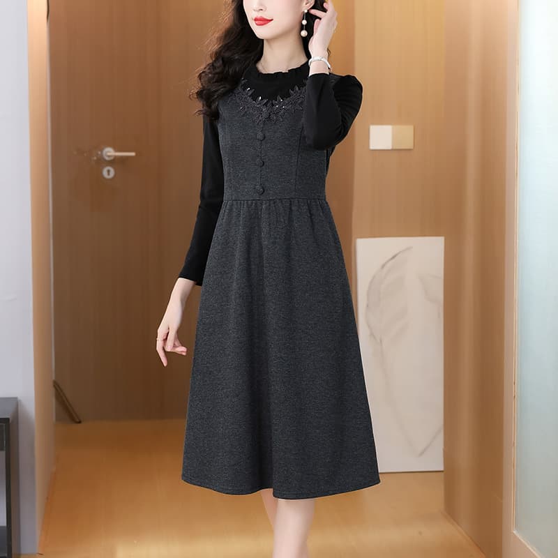 봄 가을 품격 페이크 레이어드 허리 수축 A라인 스커트 레이스 레이스 패키지 버클 프릴 칼라 어머니 드레스 긴팔 중간 길이 스커트 이미지 2