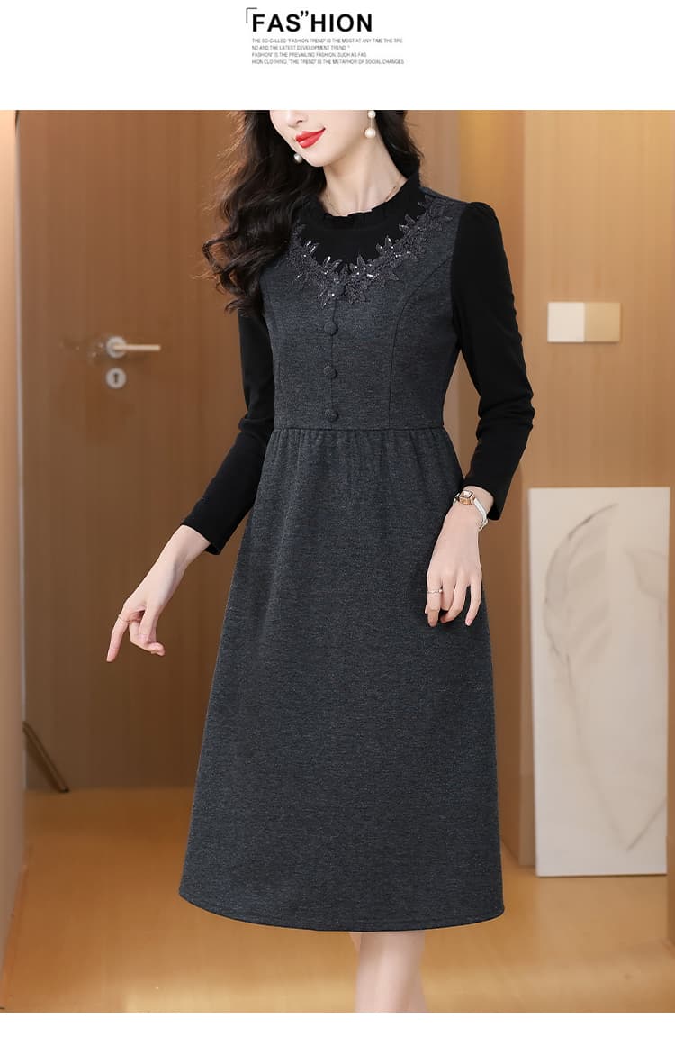 봄 가을 품격 페이크 레이어드 허리 수축 A라인 스커트 레이스 레이스 패키지 버클 프릴 칼라 어머니 드레스 긴팔 중간 길이 스커트 상세 이미지 12