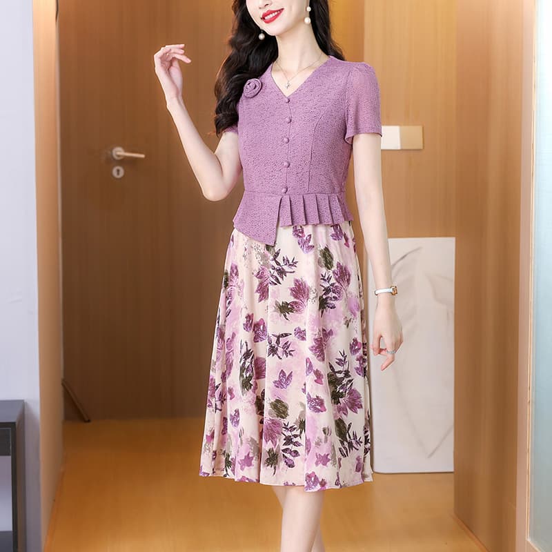 중년 엄마 페이크 레이어드 꽃무늬 여성 드레스 여름 허리 수축 슬림해 보이는 표지 배 연령 감소 중간 길이 반팔 치마 이미지 2