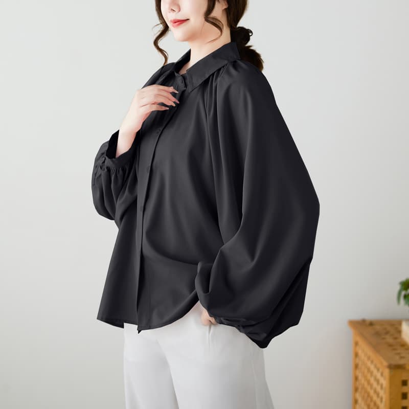 실사 문예 미니멀리즘 절묘한 폴로 칼라 루즈핏 다용도 맨위 배트윙 소매 단색 빅 사이즈 여성 셔츠 트렌디 이미지 3
