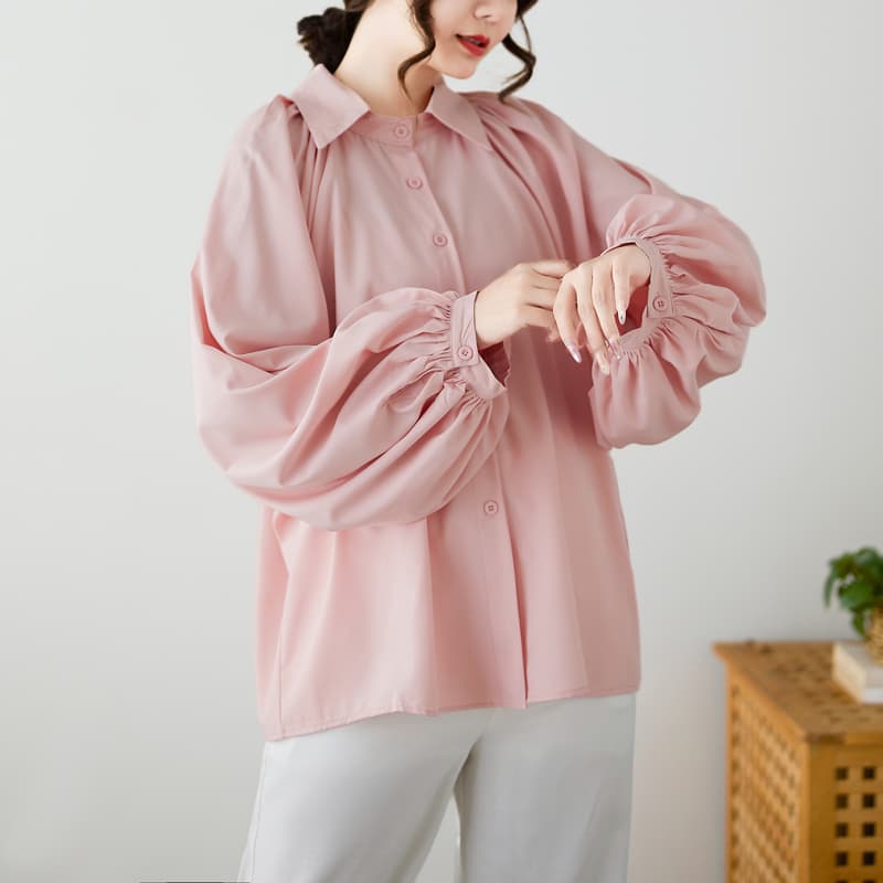 실사 문예 미니멀리즘 절묘한 폴로 칼라 루즈핏 다용도 맨위 배트윙 소매 단색 빅 사이즈 여성 셔츠 트렌디