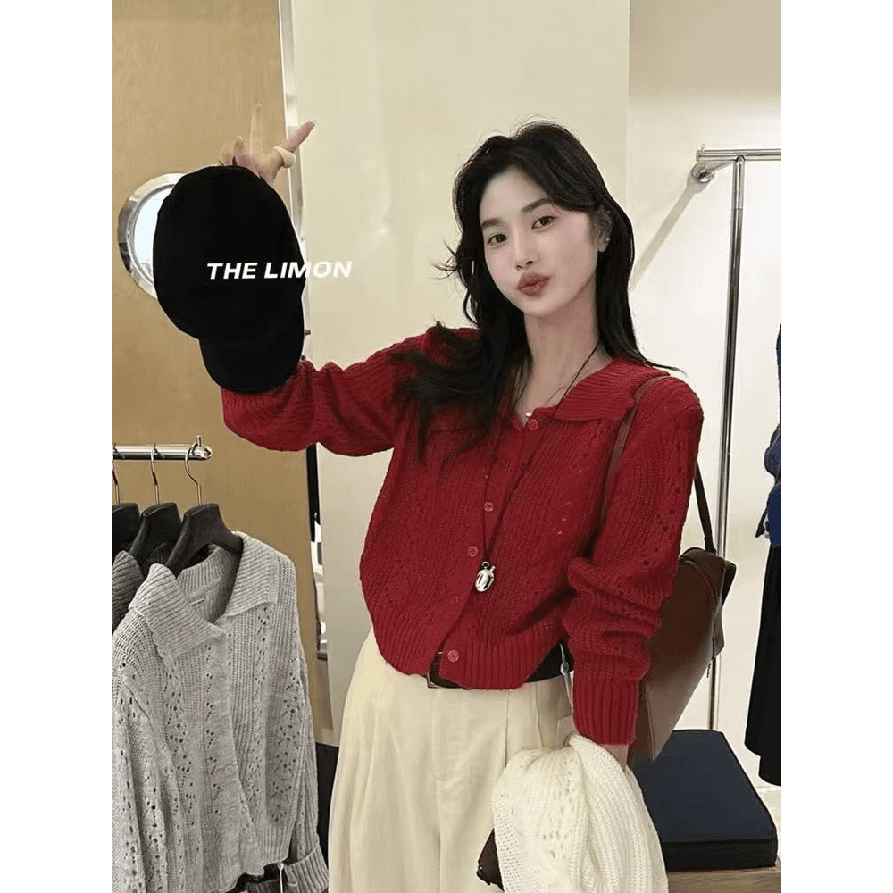 재고 있음 디자인 센스 쇼트 스타일 다용도 폴로 칼라 니트 작은 외투 패션 개성 긴팔 미니멀리즘 캐주얼 맨위 여성 이미지 6
