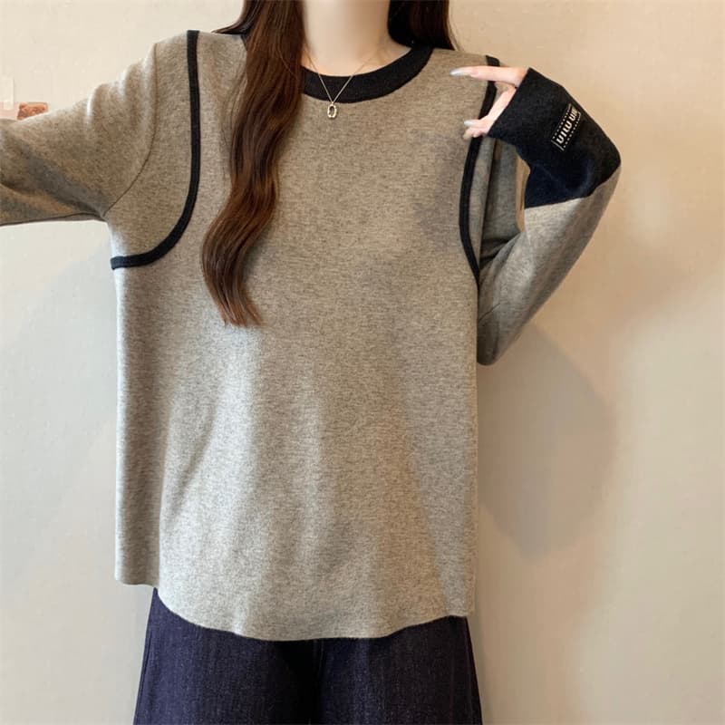 실사 가을 겨울 빅 사이즈 여성 의류 마이크로 지방 배색 측면 느긋한 바람 루즈핏 에디션 미니멀리즘 품격 풀오버 니트 스웨터 상세 이미지 17