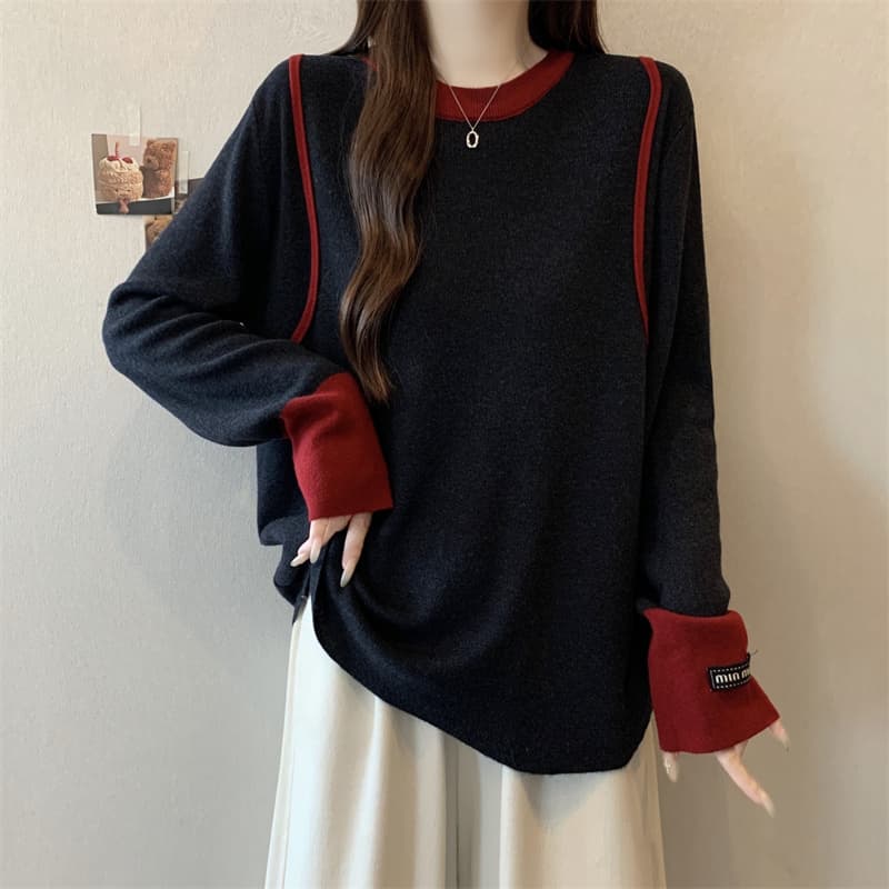 실사 가을 겨울 빅 사이즈 여성 의류 마이크로 지방 배색 측면 느긋한 바람 루즈핏 에디션 미니멀리즘 품격 풀오버 니트 스웨터 상세 이미지 23