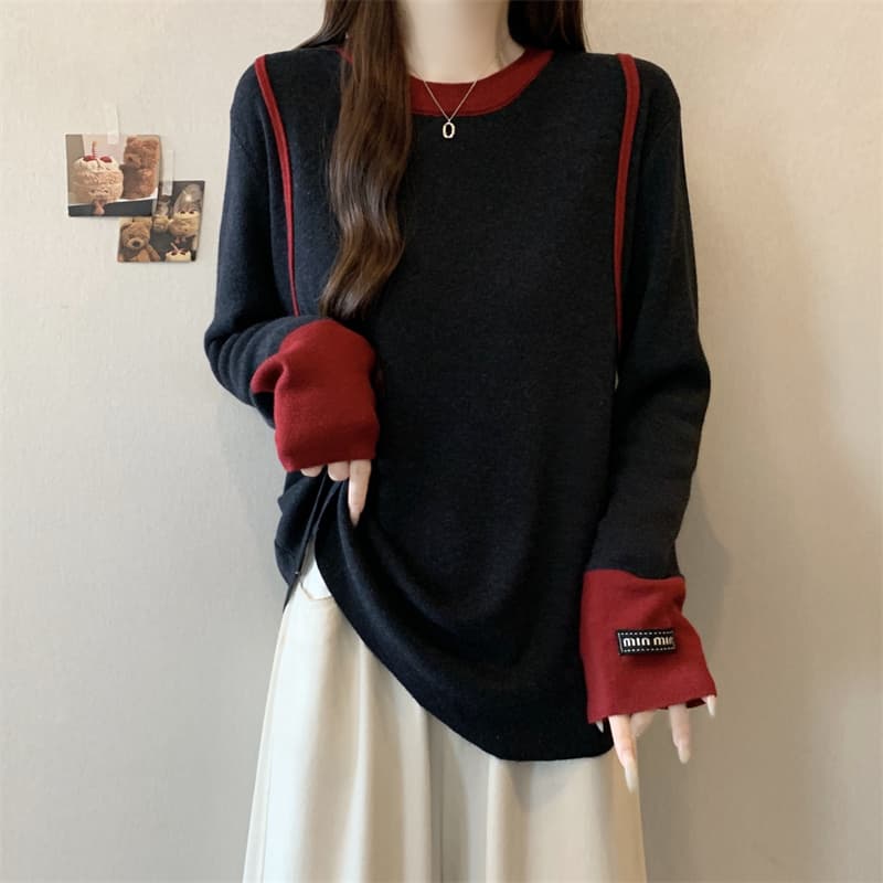 실사 가을 겨울 빅 사이즈 여성 의류 마이크로 지방 배색 측면 느긋한 바람 루즈핏 에디션 미니멀리즘 품격 풀오버 니트 스웨터 상세 이미지 25