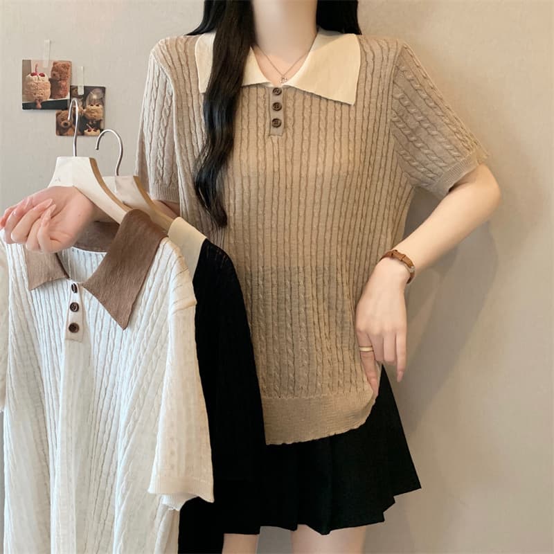 실사 오래된 돈 바람 26 년 여름 새로운 빅 사이즈 니트 품격 배색 POLO 칼라 연령 감소 다용도 얇은 스타일 맨위 상세 이미지 3