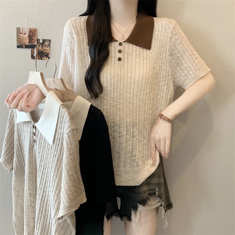 실사 오래된 돈 바람 26 년 여름 새로운 빅 사이즈 니트 품격 배색 POLO 칼라 연령 감소 다용도 얇은 스타일 맨위 상세 이미지 13
