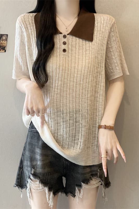 실사 오래된 돈 바람 26 년 여름 새로운 빅 사이즈 니트 품격 배색 POLO 칼라 연령 감소 다용도 얇은 스타일 맨위 이미지 7