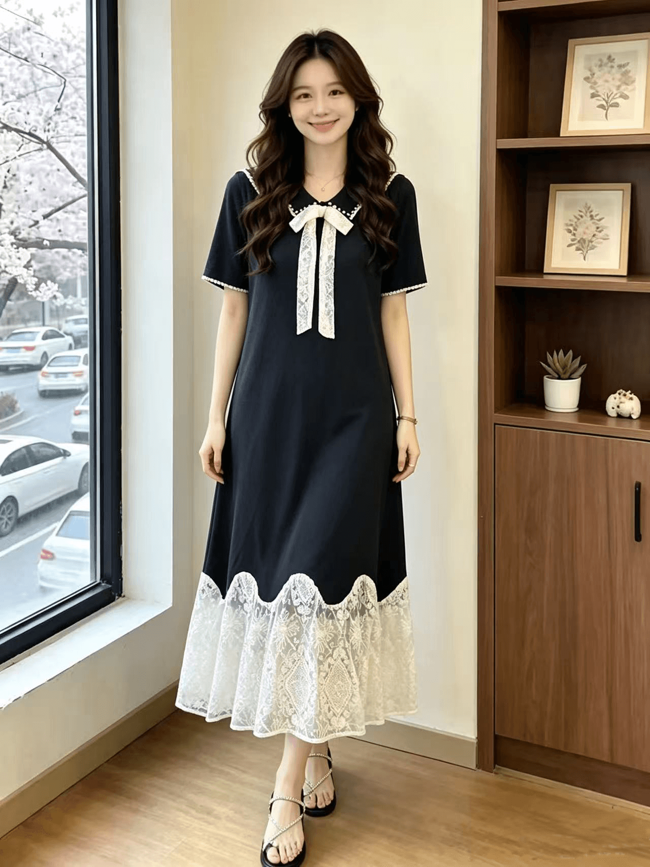 빅 사이즈 여성 의류 여름 가을 슬림해 보이는 표지 배 니트 드레스 지방 mm 프랑스식 레이스 조각 디자인 센스 롱 스커트 상세 이미지 4