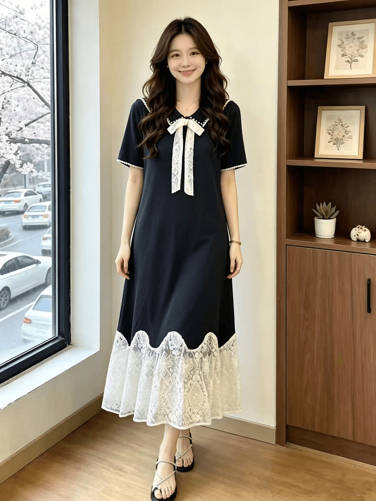 빅 사이즈 여성 의류 여름 가을 슬림해 보이는 표지 배 니트 드레스 지방 mm 프랑스식 레이스 조각 디자인 센스 롱 스커트 상세 이미지 5