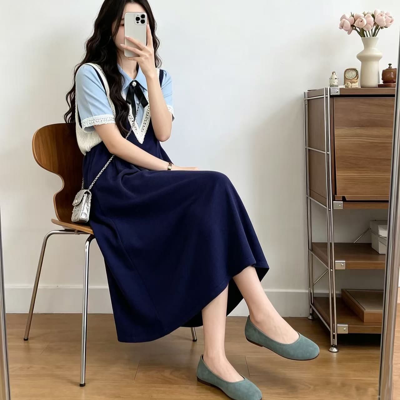 빅 사이즈 여성 의류 여름 새로운 지방 mm 패션 연령 감소 숨기기 고기 레이스 조각 페이크 레이어드 니트 드레스 이미지 5