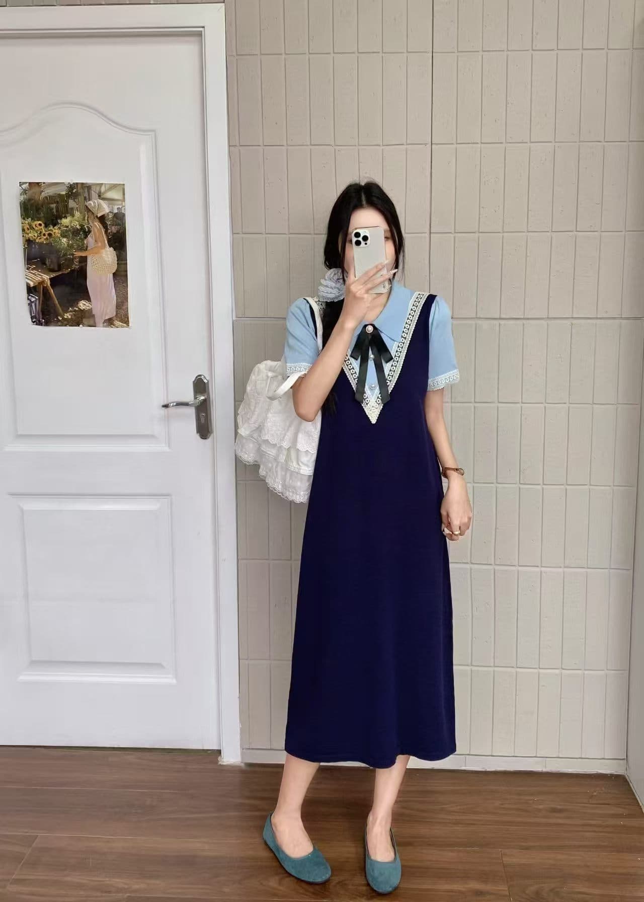빅 사이즈 여성 의류 여름 새로운 지방 mm 패션 연령 감소 숨기기 고기 레이스 조각 페이크 레이어드 니트 드레스 상세 이미지 6