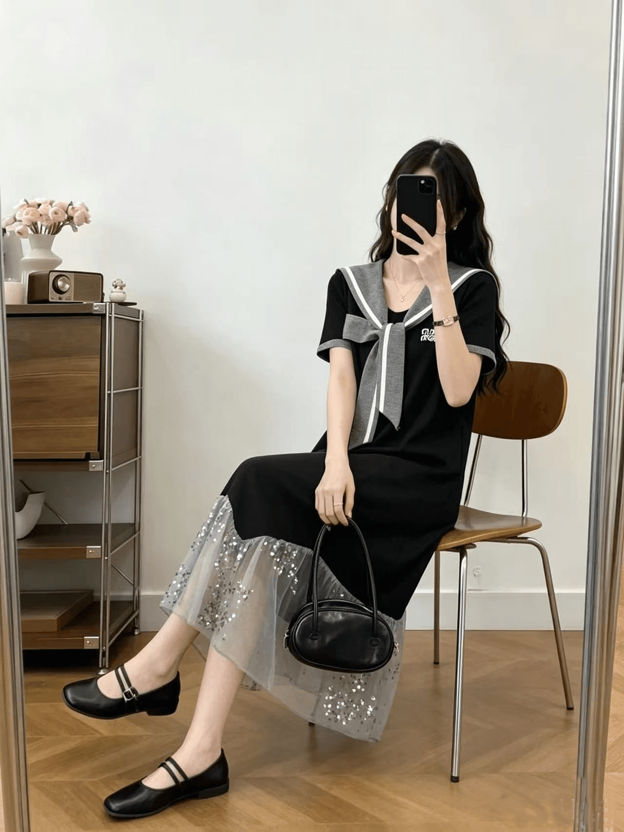 여름 빅 사이즈 해군 스타일 니트 롱 스커트 고급 슬림해 보이는 디자인 센스 망사 심지어 패치워크 드레스 상세 이미지 3
