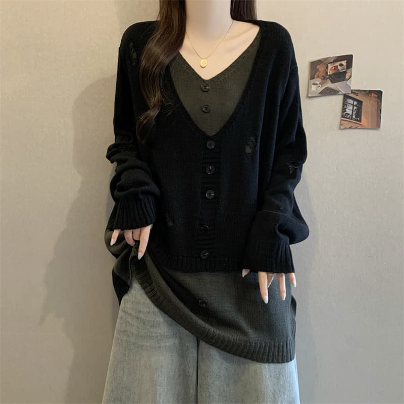 실사 빅 사이즈 여성 가을 겨울 2026 새로운 지방 mm 찢어진 부분 디자인 센스 재킷 페이크 레이어드 니트 스웨터 맨위 상세 이미지 4