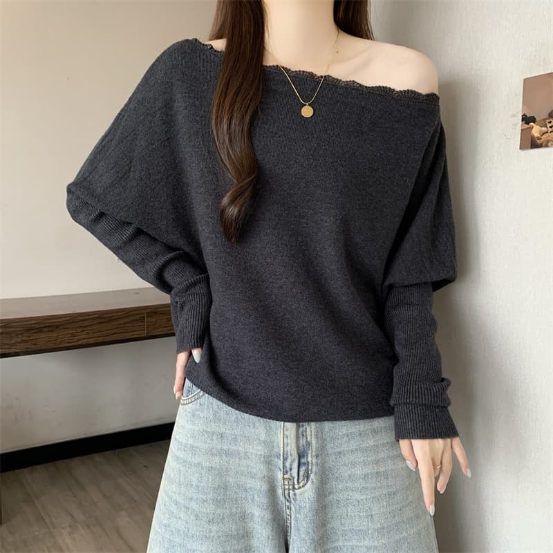 실사 빅 사이즈 가을 고급 센스 올리브 그린 니트 스웨터 스웨터 여자 오프숄더 배트윙 소매 프랑스식 맨위 상세 이미지 18