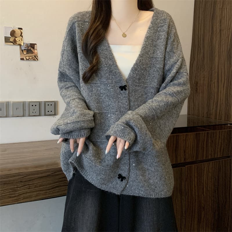 실사 빅 사이즈 여성 의류 지방 mm 가을 겨울 부드러운 바람 부드러운 찹쌀 니트 오픈 가디건 보라색 스웨터 코트 상세 이미지 7