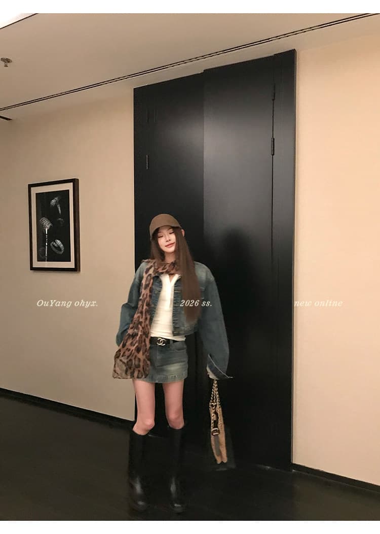 워싱 마 오래된 파란색 데님 여성 코트 이른 봄 착용 가져 가라. 항구 바람 레트로 세트 반신 치마바지 미니 스커트 투피스 세트 상세 이미지 22