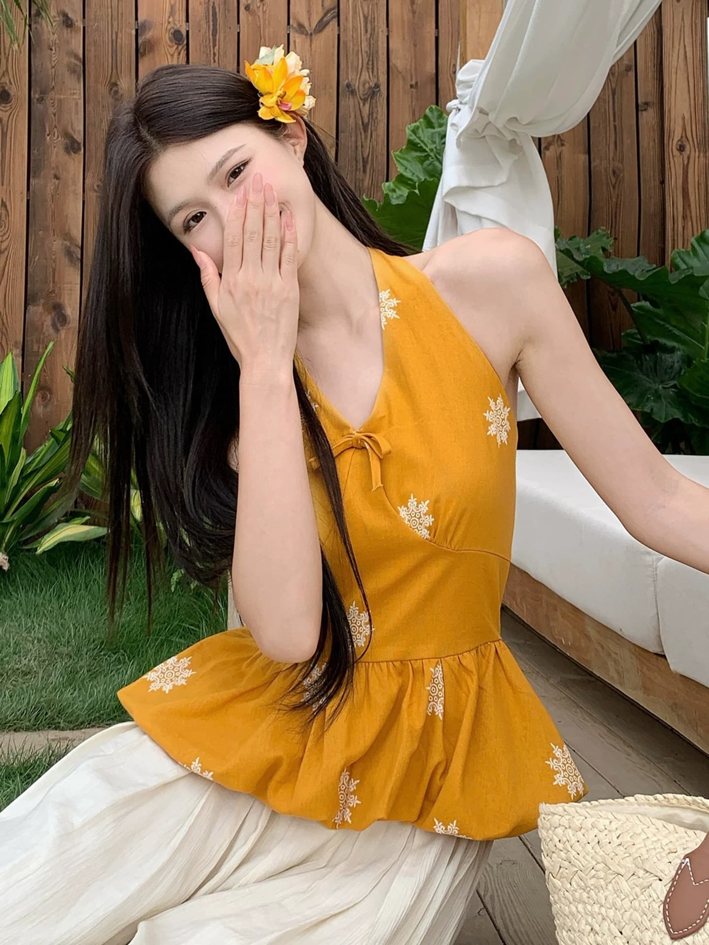 프랑스식 달콤함 V넥 프린트 나비 매듭 행침 목 조끼 여성 여름 얇은 스타일 디자인 센스 꽃밭 밑단 맨위 여성 상세 이미지 1
