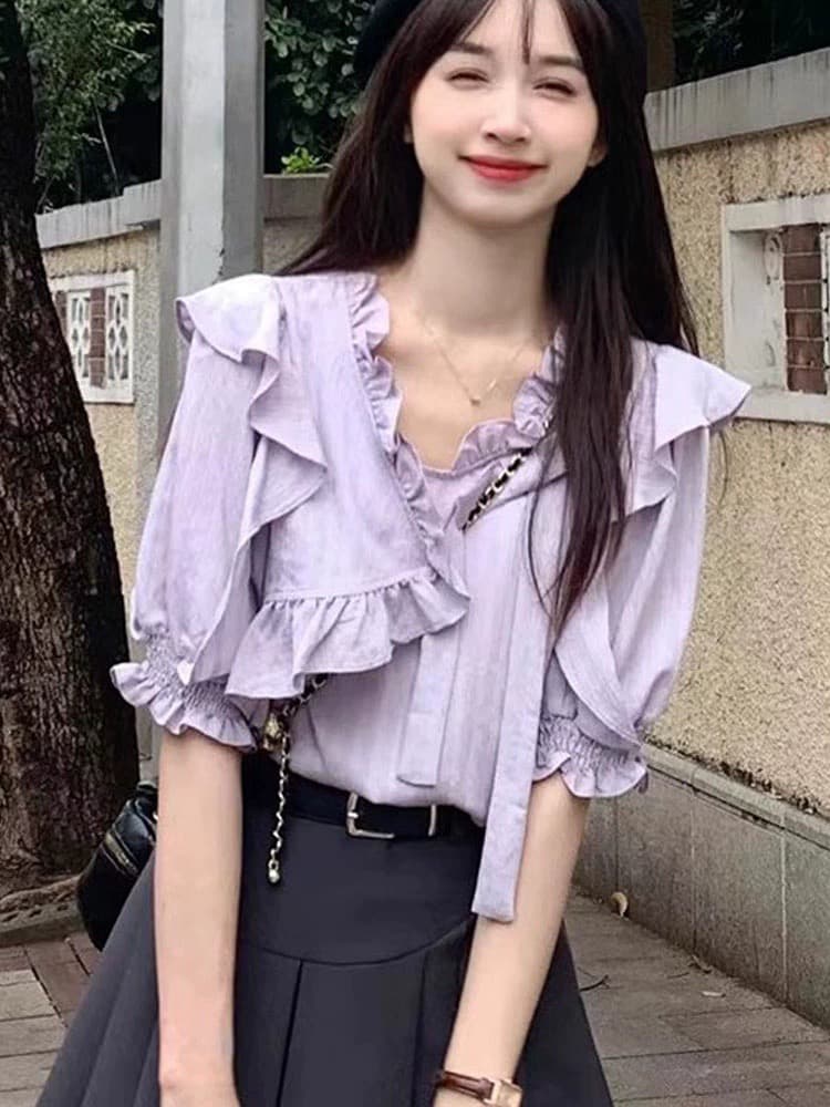 여름 드레스 새로운 빅 사이즈 부드러운 바람 반팔 셔츠 작은 대중 디자인 센스 프릴 아름다운 다용도 맨위 여성 상세 이미지 1