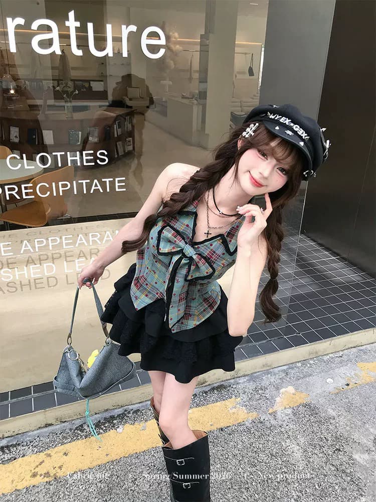 직물 돼지 fabricpig 녹색 잉크 달콤한 라스베리 달콤한 차가운 바람 체크무늬 맨위 투피스 슈트 여성 여름 민소매 셔츠 이미지 3