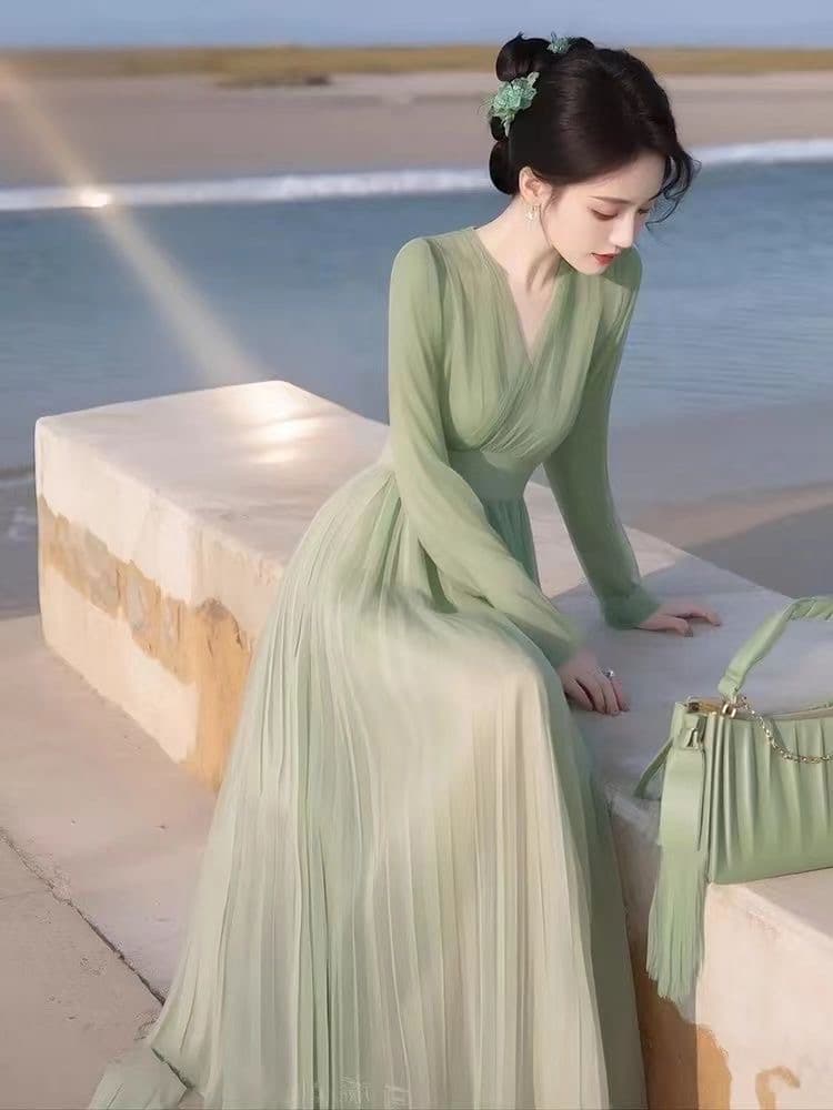2026 새로운 녹색 쉬폰 드레스 열린 봄 품격 착용 가져 가라. 아름다운 해변 드레스 아이들 해변가 휴가 슈퍼 요정 이미지 2