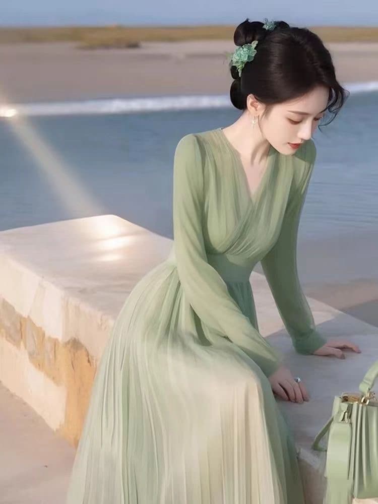 2026 새로운 녹색 쉬폰 드레스 열린 봄 품격 착용 가져 가라. 아름다운 해변 드레스 아이들 해변가 휴가 슈퍼 요정 이미지 4