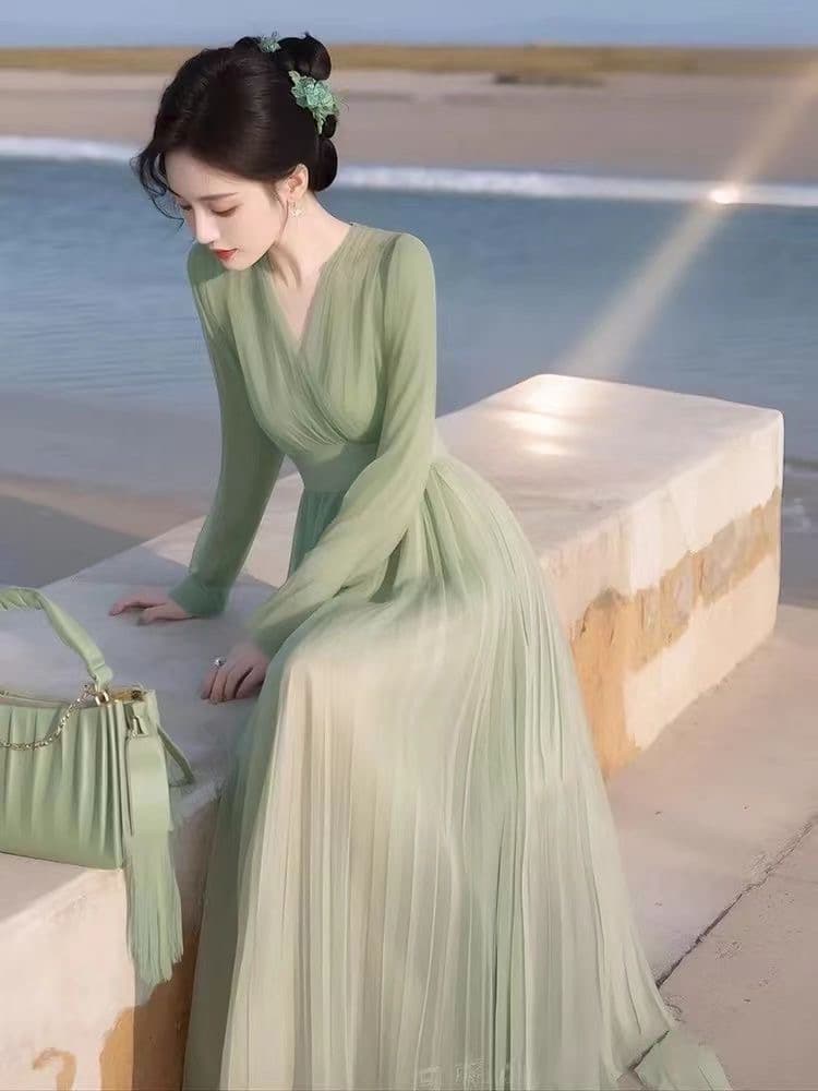 2026 새로운 녹색 쉬폰 드레스 열린 봄 품격 착용 가져 가라. 아름다운 해변 드레스 아이들 해변가 휴가 슈퍼 요정 상세 이미지 1