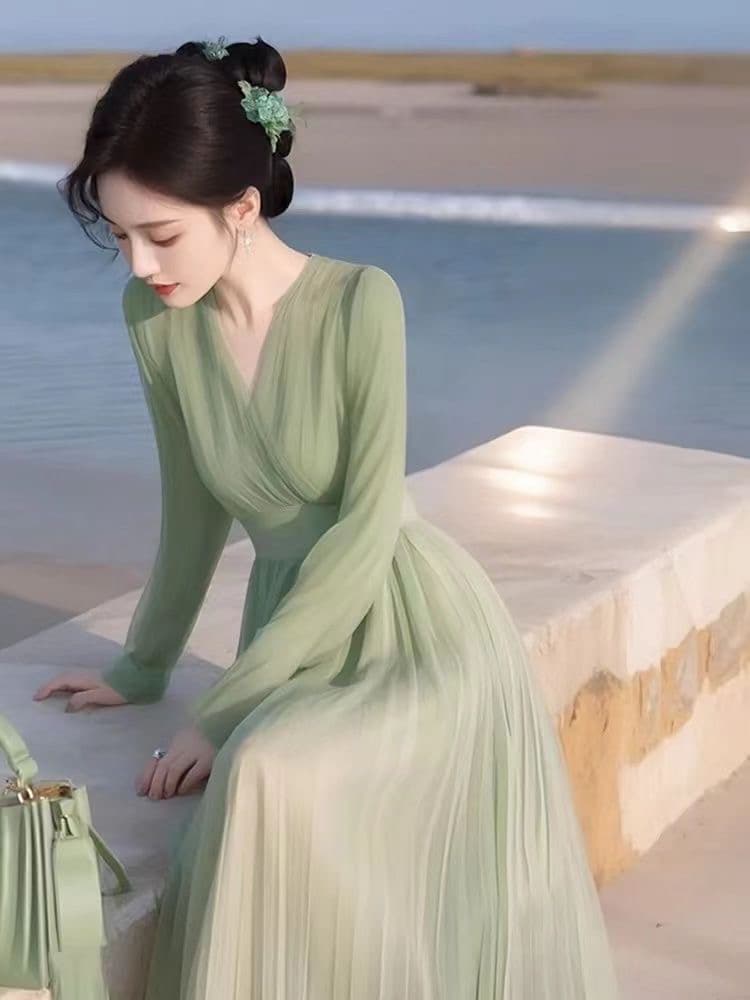 2026 새로운 녹색 쉬폰 드레스 열린 봄 품격 착용 가져 가라. 아름다운 해변 드레스 아이들 해변가 휴가 슈퍼 요정 상세 이미지 3