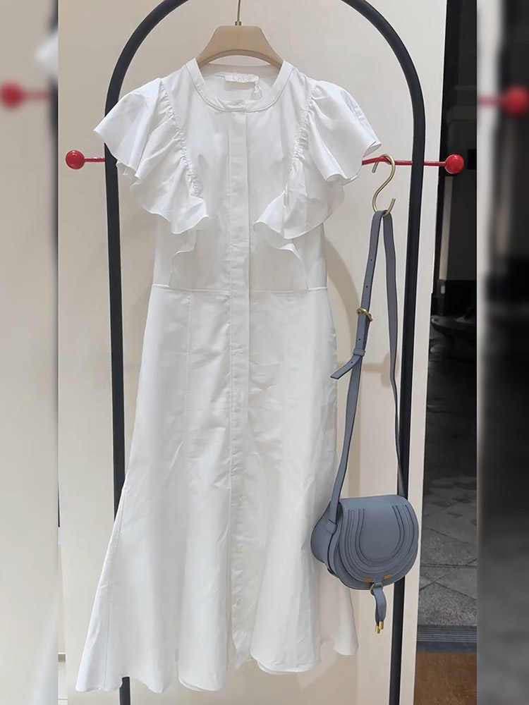 센 부서 편안함 2026 여름 새로운 고급 디자인 센스 루즈핏 슬림해 보이는 느긋한 프릴 순수한 흰색 여성 드레스