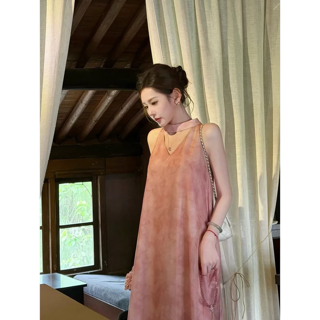 파빌리온 와우 복숭아 지점 염색 안개 100 명 실크 볼륨 풀 어둠 곡물 헤일로 염색 행침 목 드레스 이미지 2