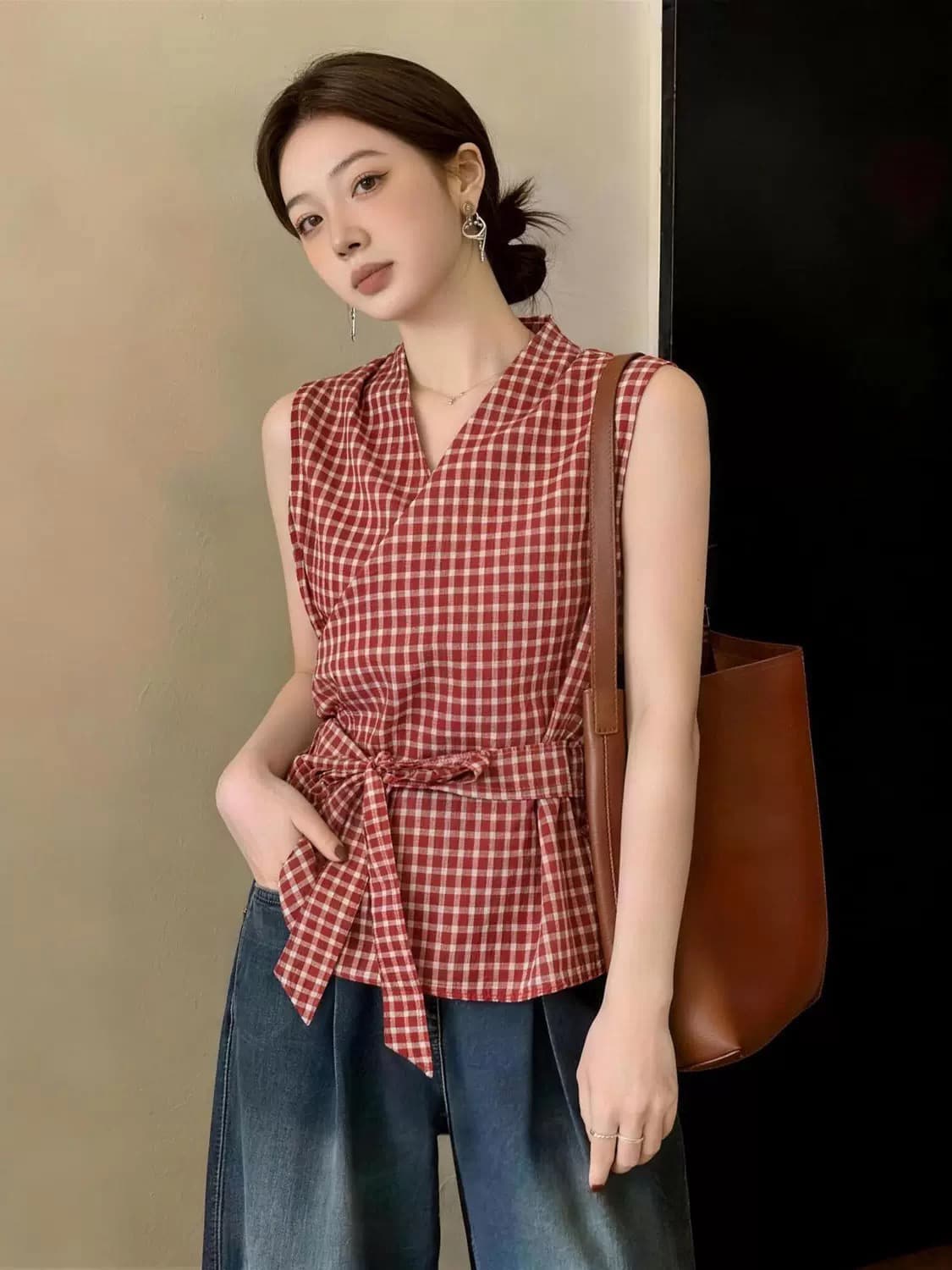 패션 프랑스식 V넥 레이스업 허리 수축 체크무늬 여성 셔츠 여름 빅 사이즈 통통한 여동생 출퇴근 품격 다용도 맨위 상세 이미지 1