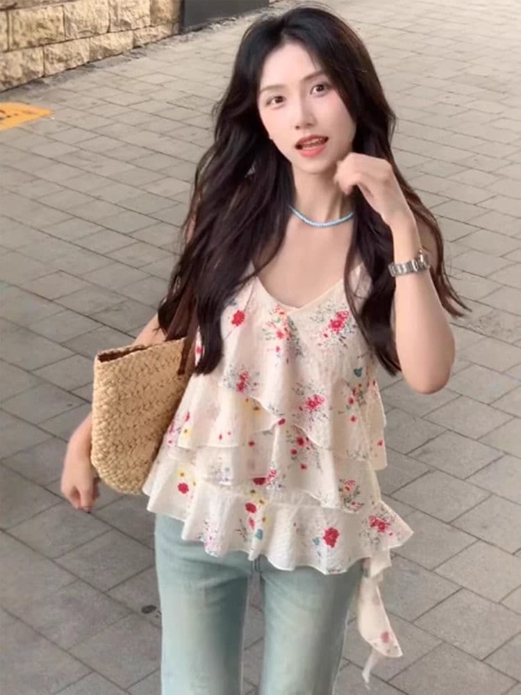 불규칙 꽃무늬 V넥 캐미솔 여름 외출용 인사이드 가져 가라. 루즈핏 품격 프릴 리본 민소매 맨위 상세 이미지 1