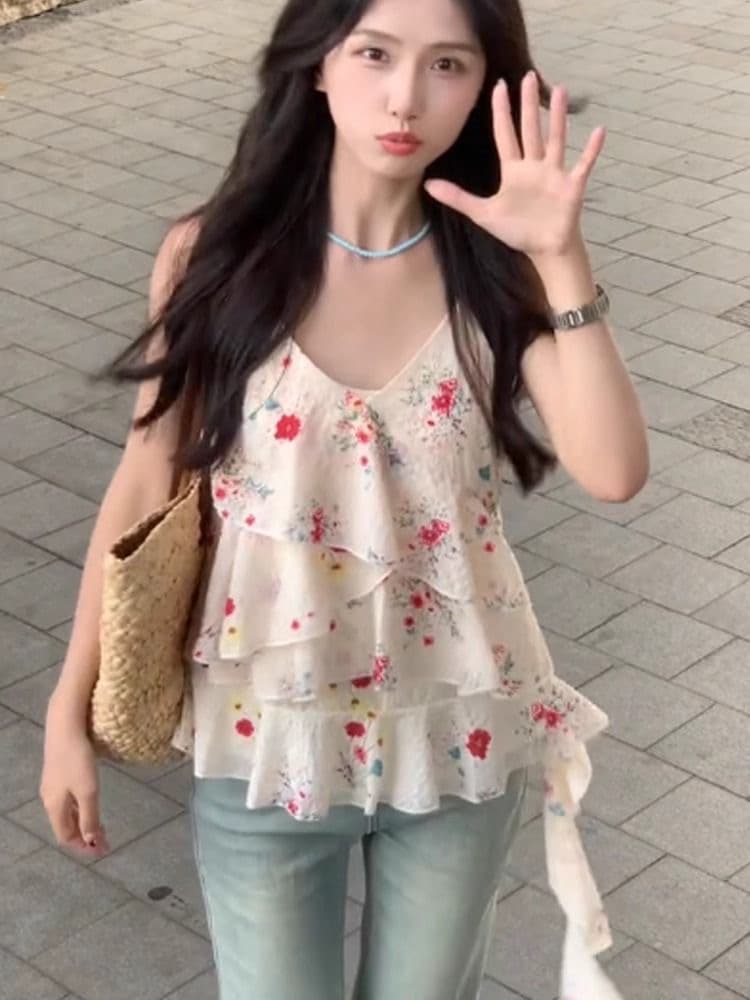 불규칙 꽃무늬 V넥 캐미솔 여름 외출용 인사이드 가져 가라. 루즈핏 품격 프릴 리본 민소매 맨위 상세 이미지 2