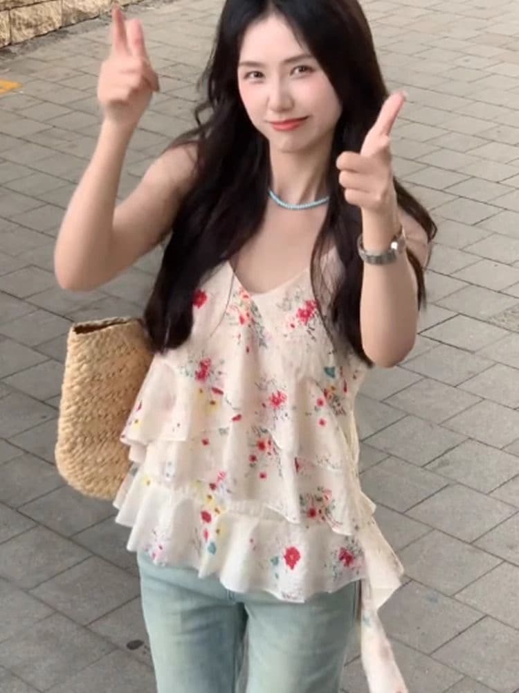 불규칙 꽃무늬 V넥 캐미솔 여름 외출용 인사이드 가져 가라. 루즈핏 품격 프릴 리본 민소매 맨위 상세 이미지 3