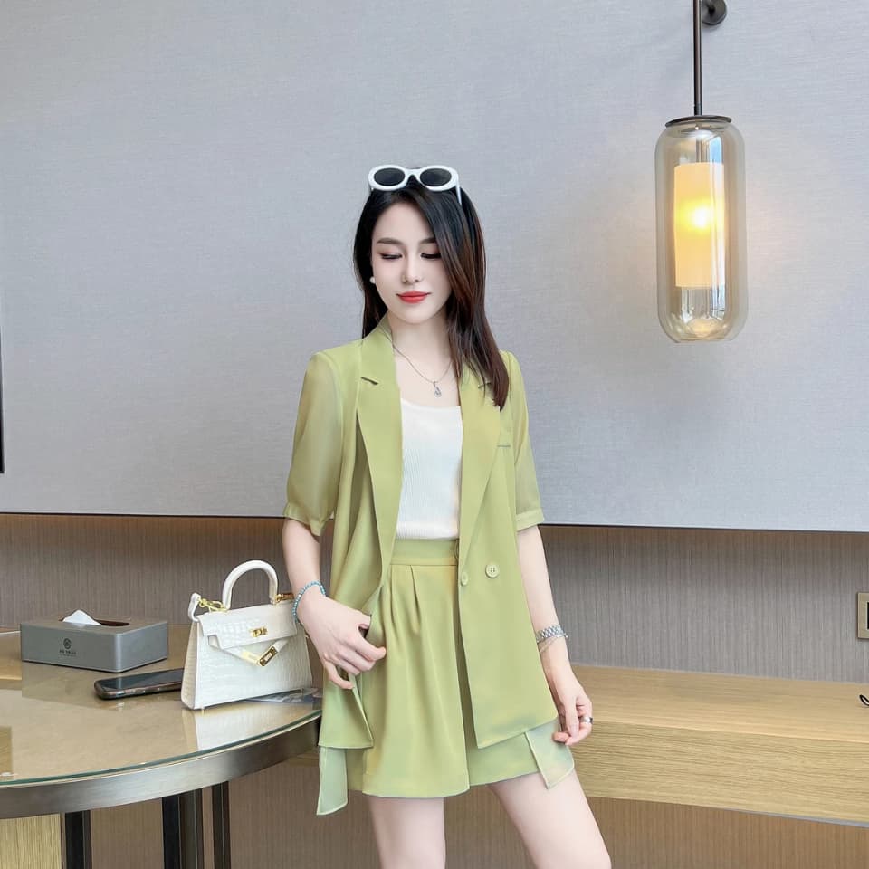 패션 쉬폰 패치워크 작은 양복 세트 2026 여름 새로운 빅 사이즈 여성 의류 지방 mm 넓은 다리가 짧다. 바지 두 조각 이미지 2