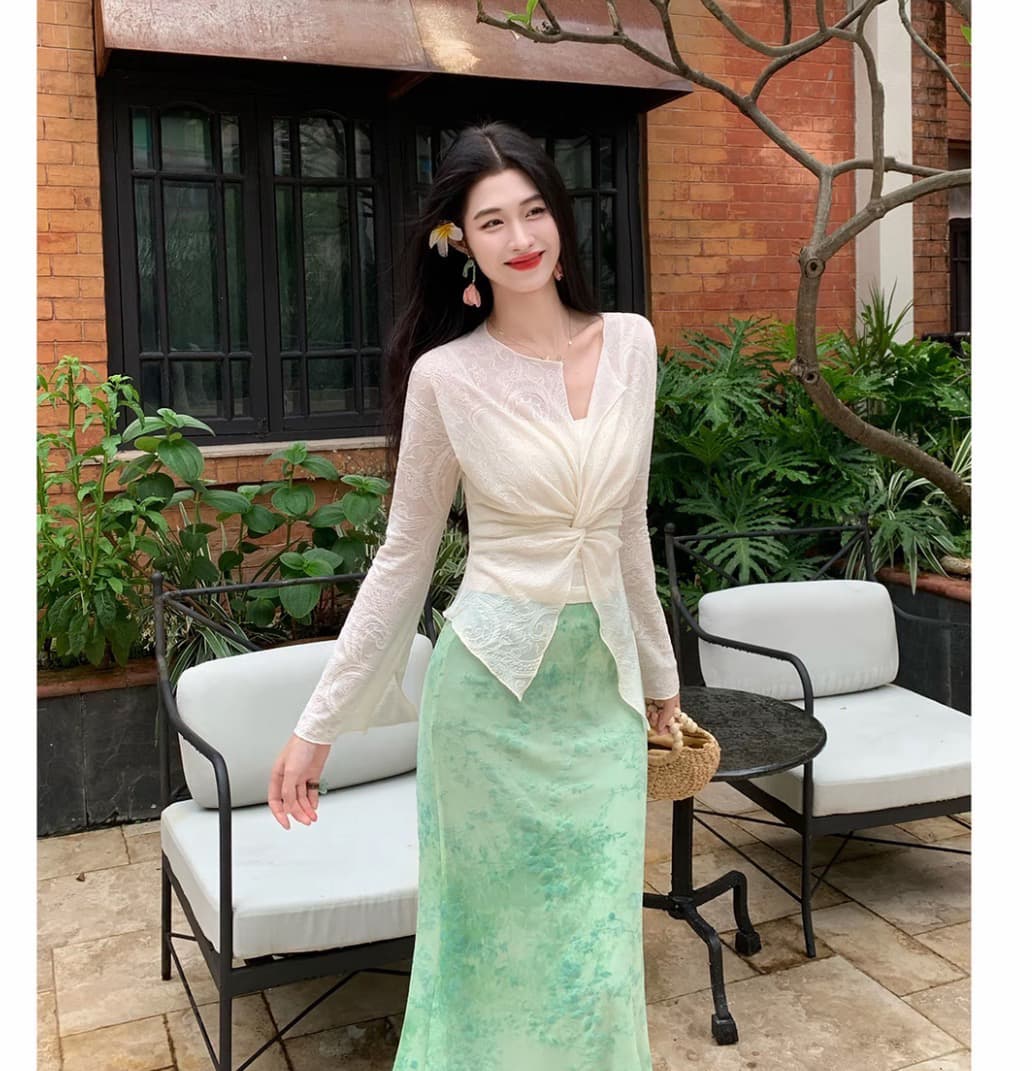 링 茜 거만한 와우 달빛 흰색 바람 요금 새로운 중식 레트로 품격 비틀림 허리 수축 맨위 녹색 염색 자카드 반 스커트 세트 이미지 3