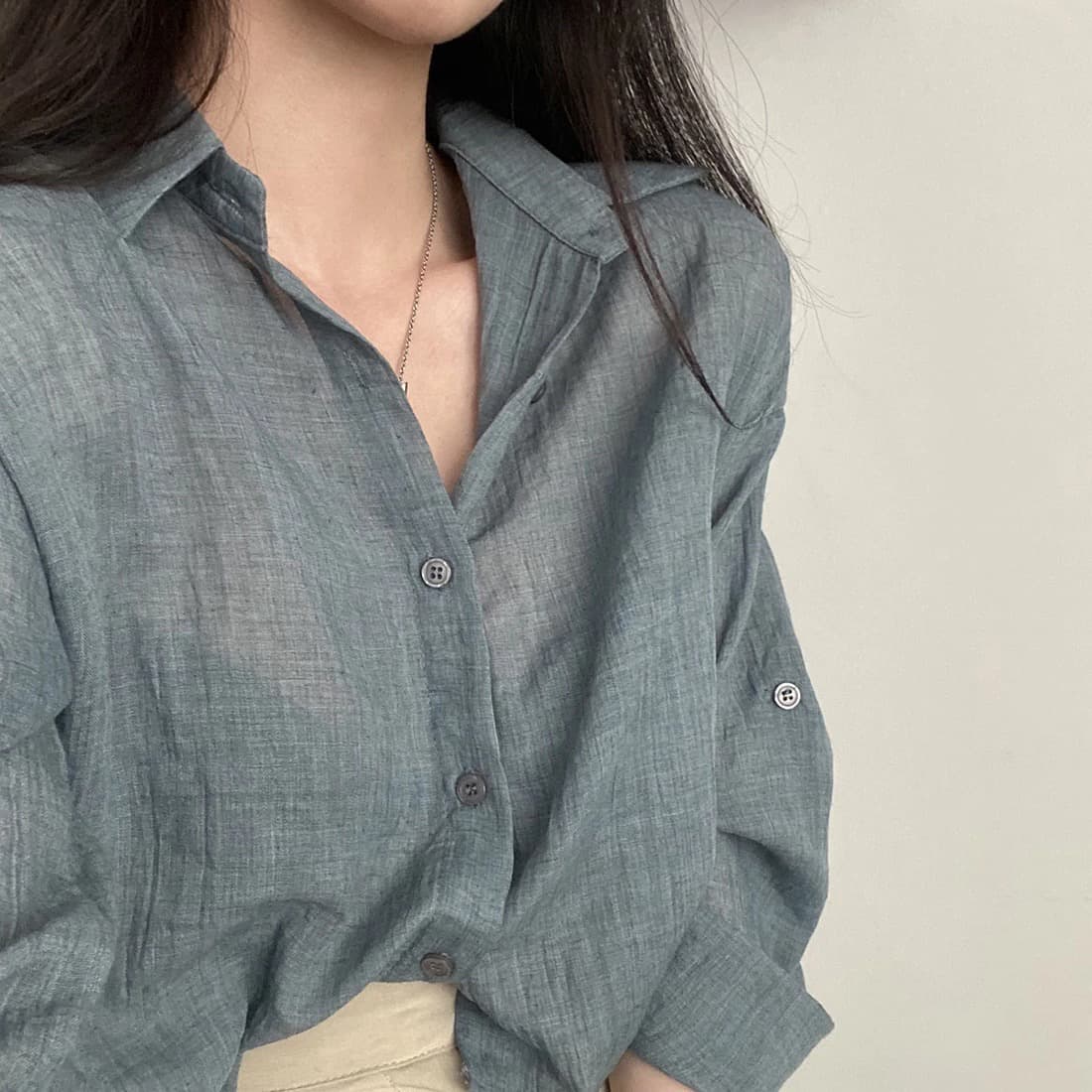 한국 chic 봄 레트로 연령 감소 싱글 줄 버튼 폴로 칼라 주름 센스 긴팔 셔츠 루즈핏 쇼트 스타일 자외선 차단 셔츠 상세 이미지 5