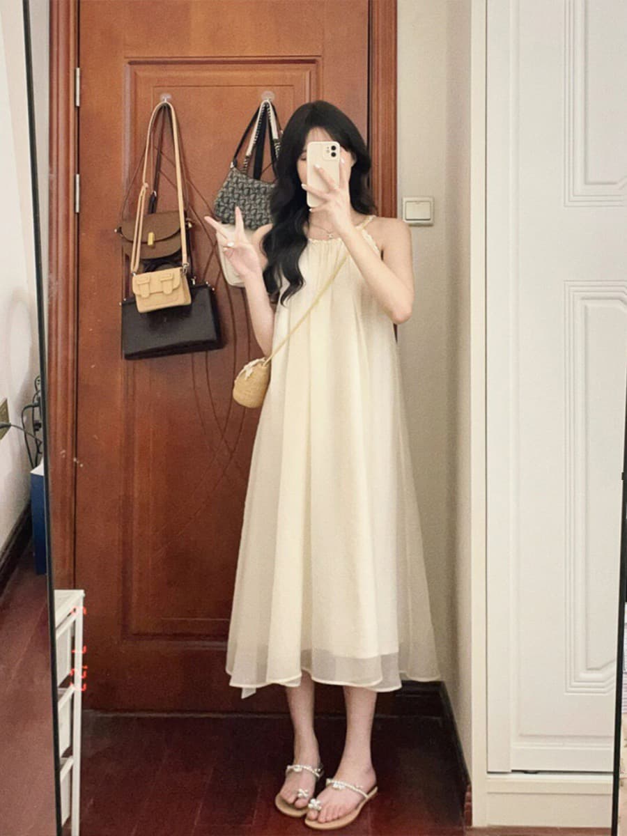 차 휴식 프랑스식 부드러운 바람 쉬폰 행침 목 슬립 드레스 민소매 여름 감정 루즈핏 슬림해 보이는 롱 스커트 이미지 2