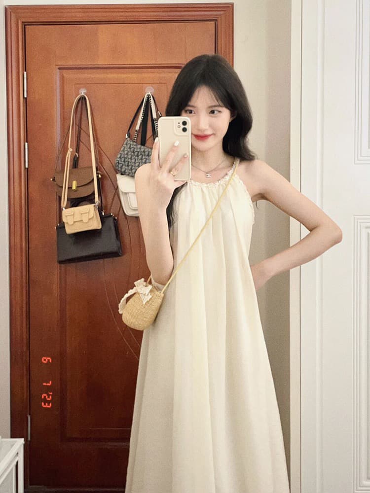 차 휴식 프랑스식 부드러운 바람 쉬폰 행침 목 슬립 드레스 민소매 여름 감정 루즈핏 슬림해 보이는 롱 스커트 상세 이미지 1