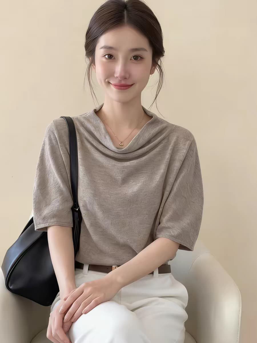 프랑스식 사소한 커피 색상 흔들다 칼라 반팔 티셔츠 여성 2026 여름 새로운 디자인 센스 루즈핏 느긋한 품격 맨위 이미지 3