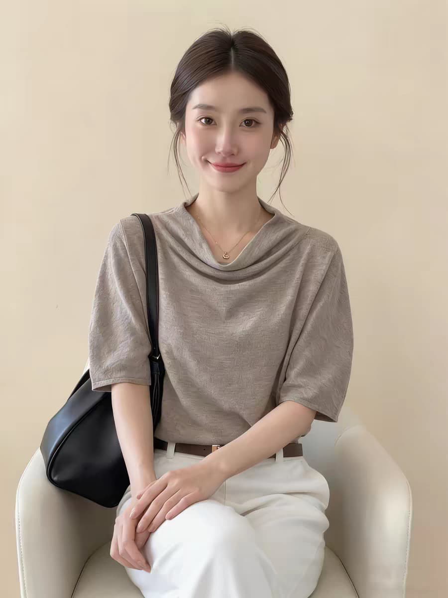 프랑스식 사소한 커피 색상 흔들다 칼라 반팔 티셔츠 여성 2026 여름 새로운 디자인 센스 루즈핏 느긋한 품격 맨위 상세 이미지 1