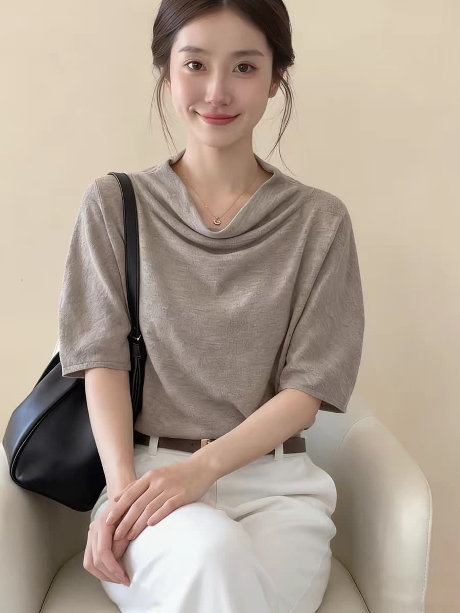 프랑스식 사소한 커피 색상 흔들다 칼라 반팔 티셔츠 여성 2026 여름 새로운 디자인 센스 루즈핏 느긋한 품격 맨위 상세 이미지 4