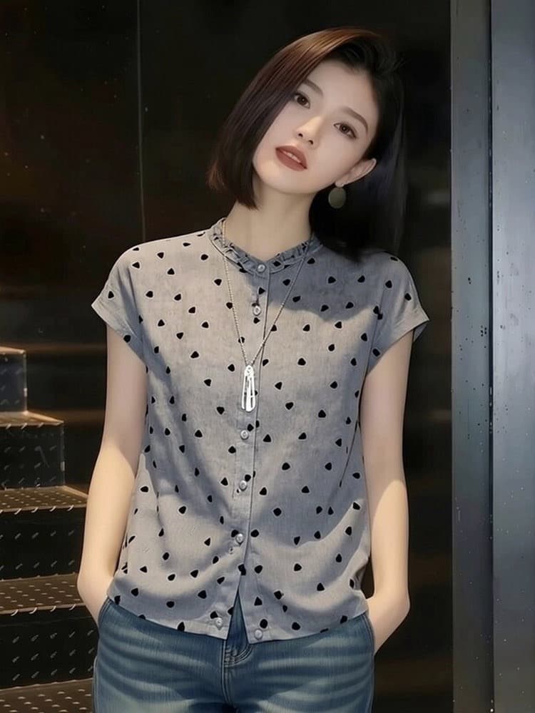 빛 요리 한 바람 품격 Chic 잘 생긴 맨위 트렌디 2026 년 여름 새로운 V넥 회색 파란색 도트 무늬 반팔 여성 셔츠 이미지 2